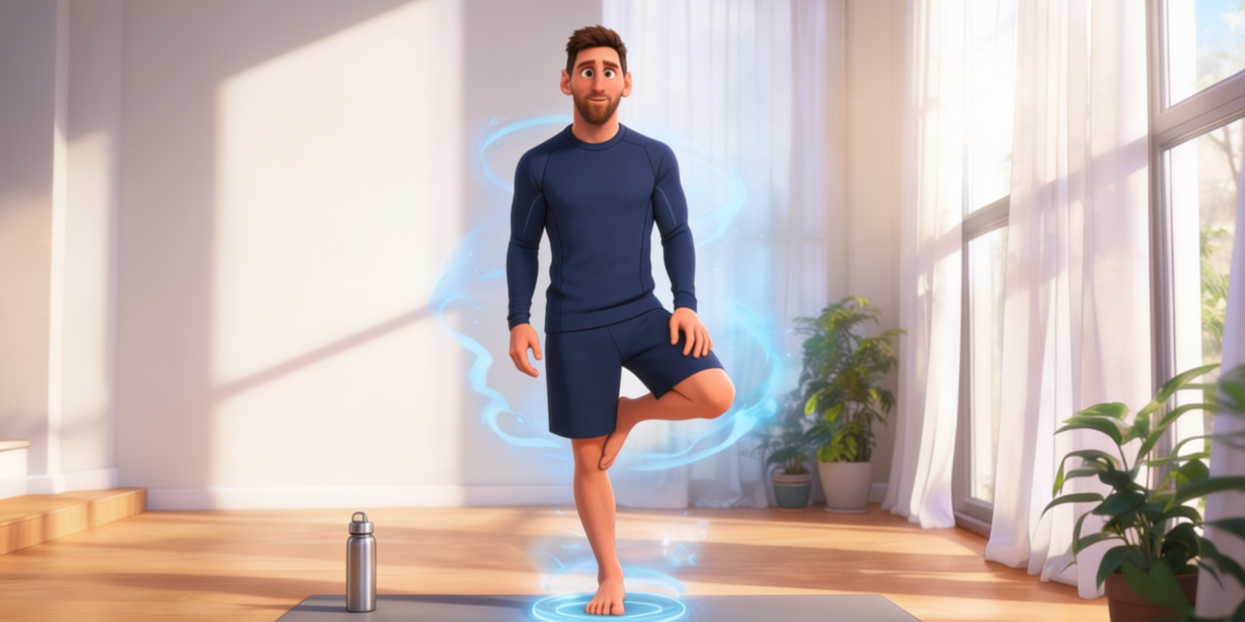 Ilustración de Lionel Messi practicando equilibrio sobre una pierna en una esterilla de yoga con efectos visuales brillantes, concepto de salud y longevidad.