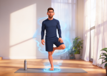 Ilustración de Lionel Messi practicando equilibrio sobre una pierna en una esterilla de yoga con efectos visuales brillantes, concepto de salud y longevidad.