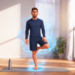 Ilustración de Lionel Messi practicando equilibrio sobre una pierna en una esterilla de yoga con efectos visuales brillantes, concepto de salud y longevidad.