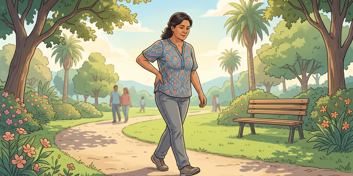 Ilustración de una mujer caminando en un parque mientras se sujeta la zona lumbar con expresión de dolor.