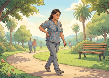 Ilustración de una mujer caminando en un parque mientras se sujeta la zona lumbar con expresión de dolor.