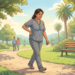 Ilustración de una mujer caminando en un parque mientras se sujeta la zona lumbar con expresión de dolor.