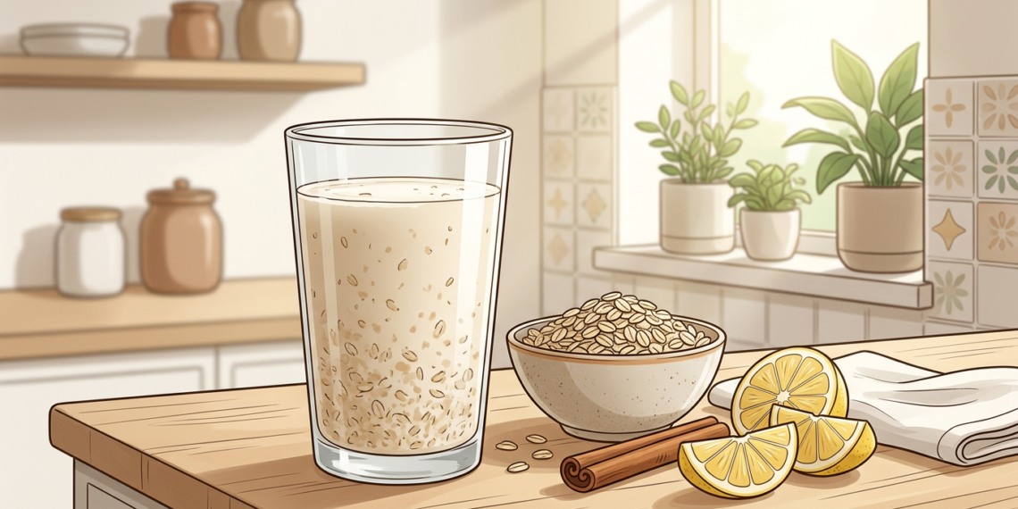 Ilustración de un vaso de agua de avena junto a un tazón con hojuelas, limones y canela sobre una encimera en una cocina luminosa.