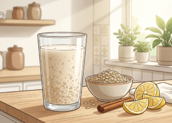 Ilustración de un vaso de agua de avena junto a un tazón con hojuelas, limones y canela sobre una encimera en una cocina luminosa.