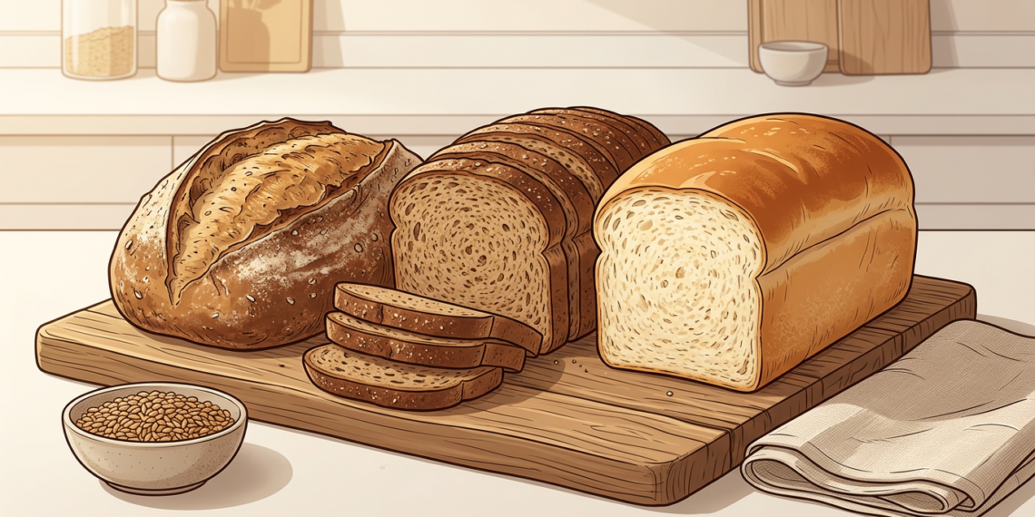 Ilustración de tres variedades de pan sobre una tabla de madera en una cocina luminosa.