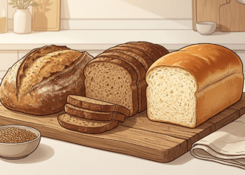 Ilustración de tres variedades de pan sobre una tabla de madera en una cocina luminosa.