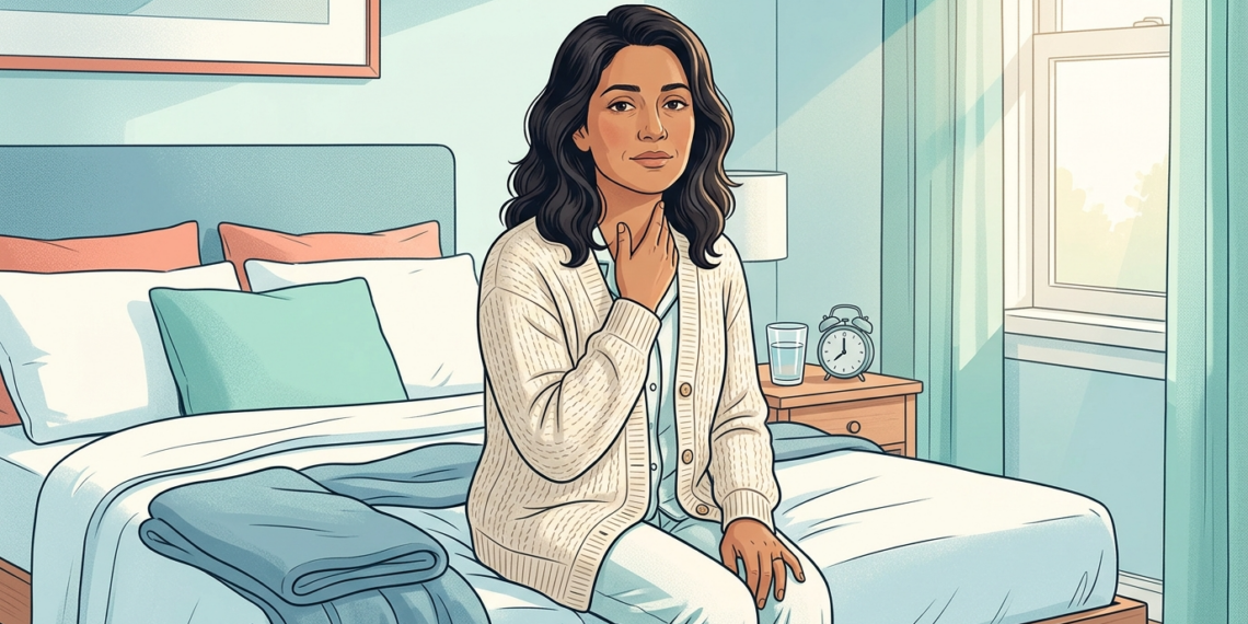 Ilustración de una mujer sentada en el borde de su cama al despertar, tocándose el cuello con gesto de cansancio, representando posibles síntomas de hipotiroidismo.