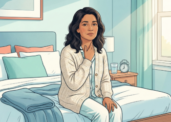 Ilustración de una mujer sentada en el borde de su cama al despertar, tocándose el cuello con gesto de cansancio, representando posibles síntomas de hipotiroidismo.