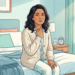 Ilustración de una mujer sentada en el borde de su cama al despertar, tocándose el cuello con gesto de cansancio, representando posibles síntomas de hipotiroidismo.