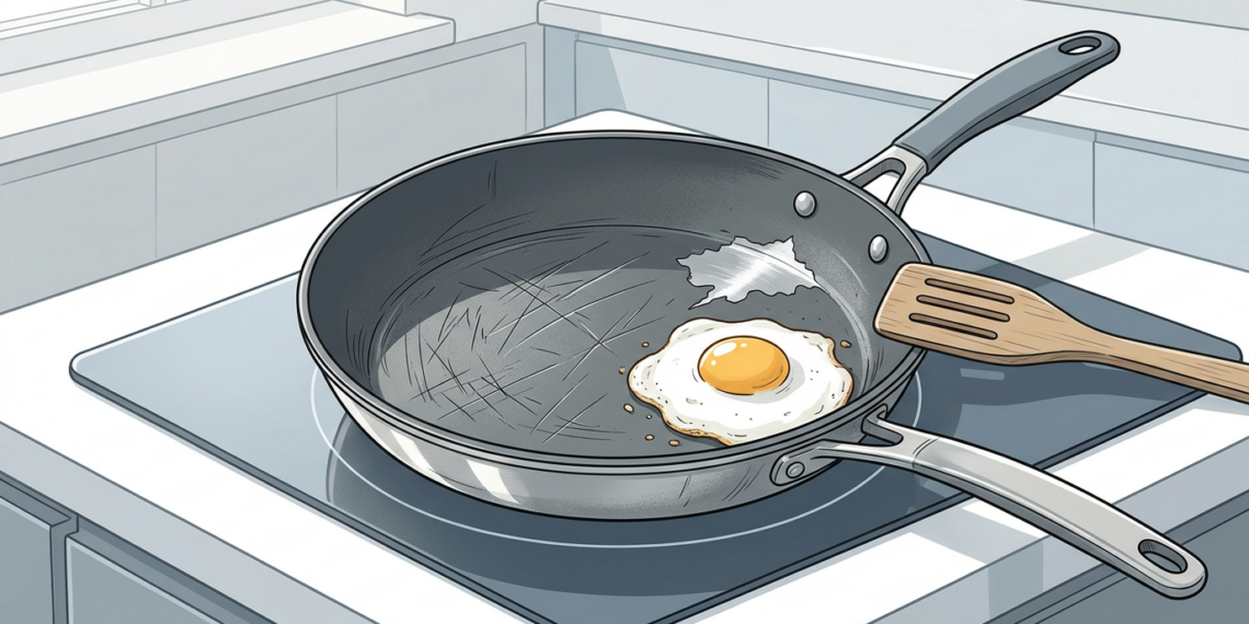 Ilustración de una sartén antiadherente rayada y con el revestimiento descascarado sobre una placa de cocina, friendo un huevo con una espátula de madera al lado.