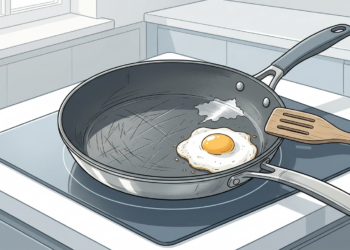 Ilustración de una sartén antiadherente rayada y con el revestimiento descascarado sobre una placa de cocina, friendo un huevo con una espátula de madera al lado.