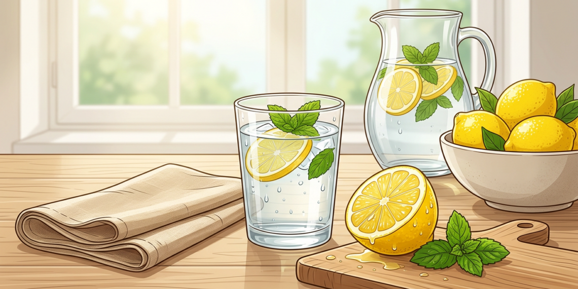 Ilustración de un vaso y una jarra con agua, rodajas de limón y hojas frescas de menta, junto a un cuenco con limones enteros y una tabla de cortar, sobre una mesa de madera.