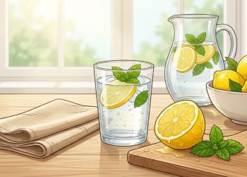 Ilustración de un vaso y una jarra con agua, rodajas de limón y hojas frescas de menta, junto a un cuenco con limones enteros y una tabla de cortar, sobre una mesa de madera.