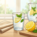 Ilustración de un vaso y una jarra con agua, rodajas de limón y hojas frescas de menta, junto a un cuenco con limones enteros y una tabla de cortar, sobre una mesa de madera.