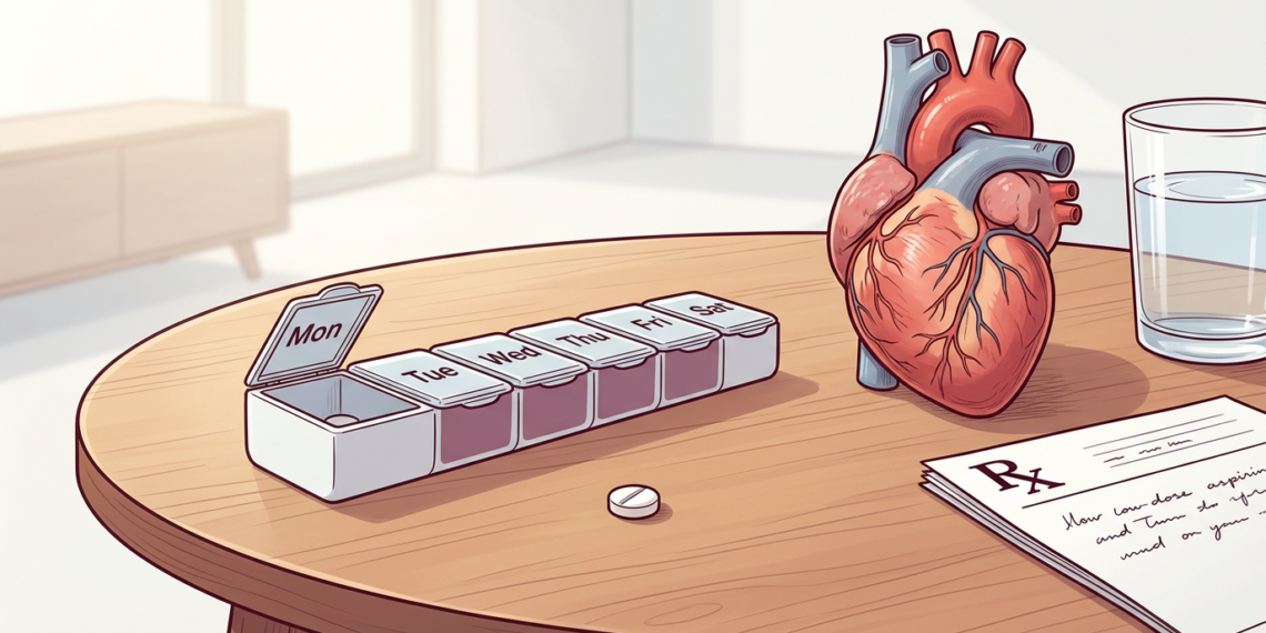 Organizador de medicamentos, corazón anatómico y receta médica sobre una mesa de madera.