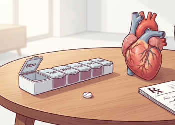 Organizador de medicamentos, corazón anatómico y receta médica sobre una mesa de madera.