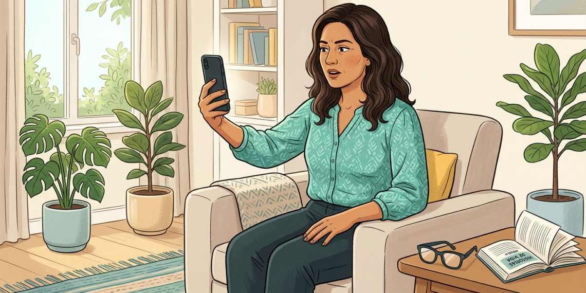 Ilustración de una mujer sentada en un sillón, sosteniendo su teléfono móvil a una distancia considerable de su rostro para intentar leer la pantalla con mayor claridad.