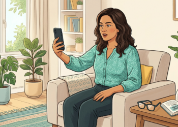 Ilustración de una mujer sentada en un sillón, sosteniendo su teléfono móvil a una distancia considerable de su rostro para intentar leer la pantalla con mayor claridad.