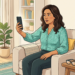 Ilustración de una mujer sentada en un sillón, sosteniendo su teléfono móvil a una distancia considerable de su rostro para intentar leer la pantalla con mayor claridad.