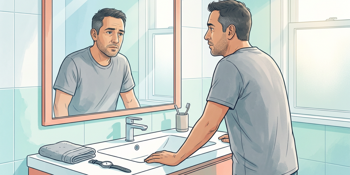 Ilustración de un hombre de mediana edad mirándose al espejo del baño con expresión pensativa y de cansancio, apoyado sobre el lavabo.