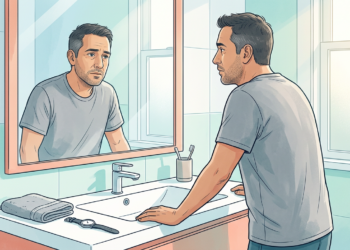 Ilustración de un hombre de mediana edad mirándose al espejo del baño con expresión pensativa y de cansancio, apoyado sobre el lavabo.