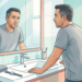 Ilustración de un hombre de mediana edad mirándose al espejo del baño con expresión pensativa y de cansancio, apoyado sobre el lavabo.