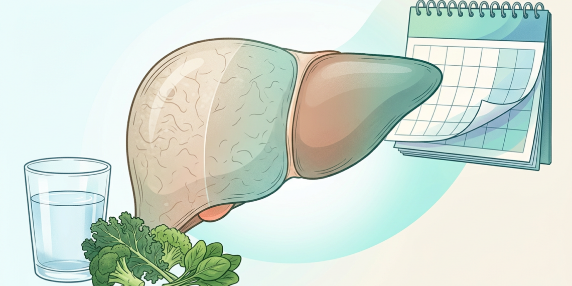 Ilustración técnica que muestra un hígado, un calendario, agua y verduras verdes como símbolos de regeneración y salud.