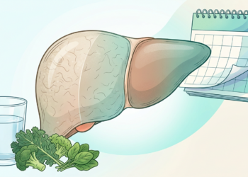 Ilustración técnica que muestra un hígado, un calendario, agua y verduras verdes como símbolos de regeneración y salud.
