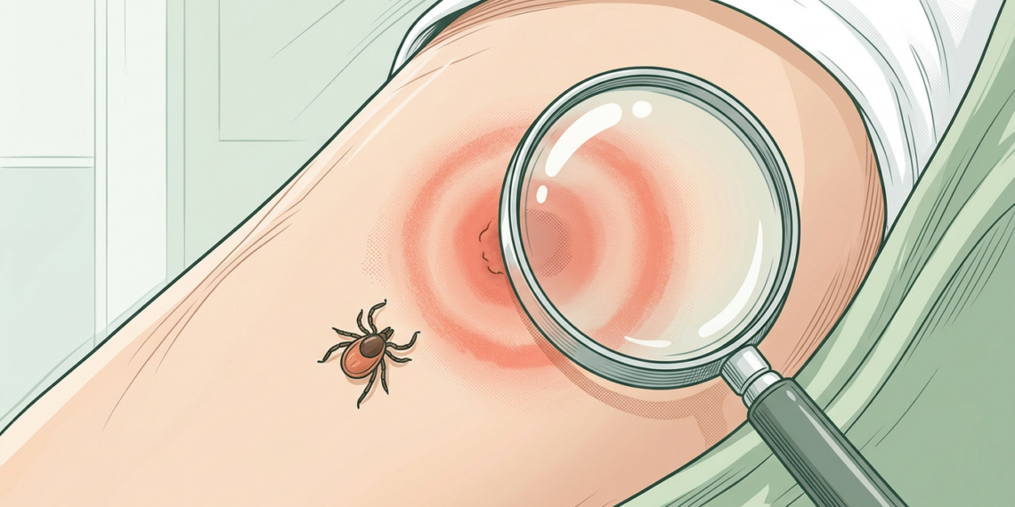 Ilustración de una garrapata cerca de una zona de la piel que presenta un sarpullido circular rojo, el cual está siendo examinado a través de una lupa.