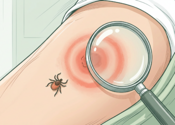 Ilustración de una garrapata cerca de una zona de la piel que presenta un sarpullido circular rojo, el cual está siendo examinado a través de una lupa.