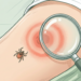 Ilustración de una garrapata cerca de una zona de la piel que presenta un sarpullido circular rojo, el cual está siendo examinado a través de una lupa.