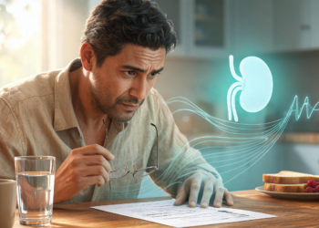 Un hombre de mediana edad, sentado a una mesa de madera en una cocina soleada, mira fijamente un informe médico impreso con preocupación. Sostiene sus gafas de lectura en una mano. Junto a él, un holograma brillante de un riñón humano proyecta líneas de flujo de datos hacia el documento.