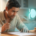 Un hombre de mediana edad, sentado a una mesa de madera en una cocina soleada, mira fijamente un informe médico impreso con preocupación. Sostiene sus gafas de lectura en una mano. Junto a él, un holograma brillante de un riñón humano proyecta líneas de flujo de datos hacia el documento.