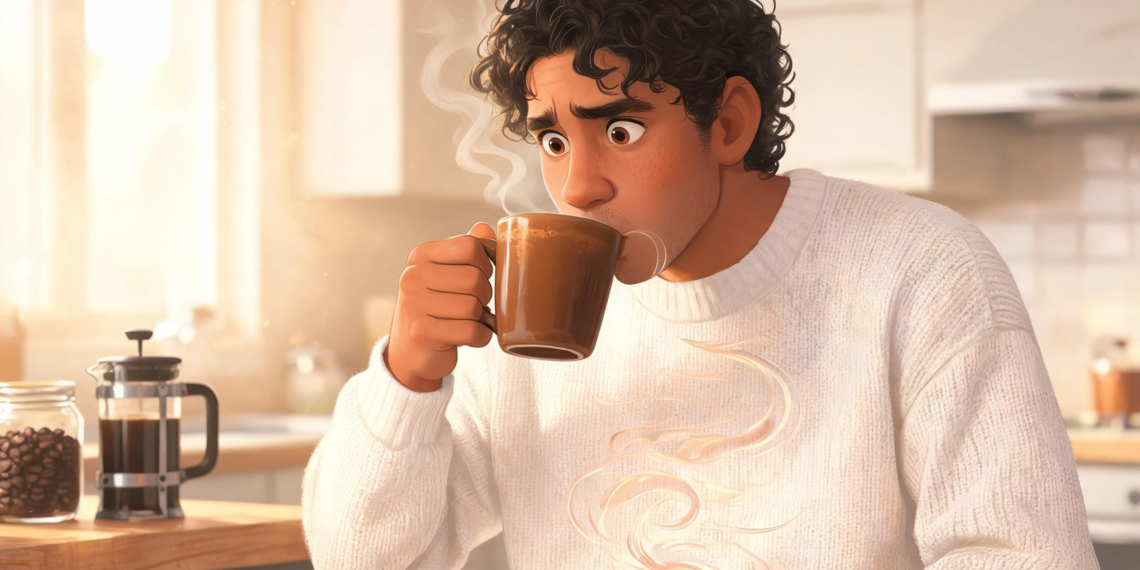 Un hombre joven con cabello rizado y suéter blanco de punto bebe de una taza de café marrón en una cocina soleada, con una expresión de sorpresa y malestar, mientras el vapor sube y una línea de humo ondulada se ve en su pecho, lo que sugiere malestar intestinal. En el fondo, hay una prensa francesa y un frasco de granos de café sobre la encimera.