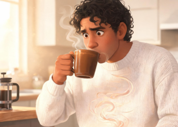 Un hombre joven con cabello rizado y suéter blanco de punto bebe de una taza de café marrón en una cocina soleada, con una expresión de sorpresa y malestar, mientras el vapor sube y una línea de humo ondulada se ve en su pecho, lo que sugiere malestar intestinal. En el fondo, hay una prensa francesa y un frasco de granos de café sobre la encimera.