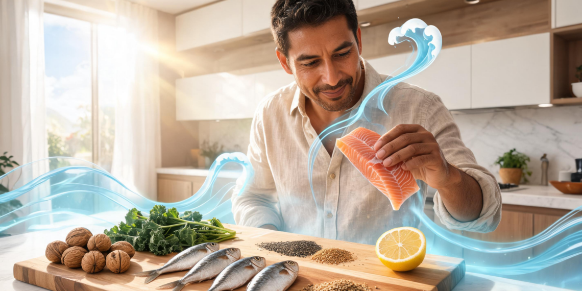 Un hombre sonriente en una cocina moderna prepara una selección de alimentos ricos en ácidos grasos saludables, sosteniendo un filete de salmón fresco sobre una tabla de madera.