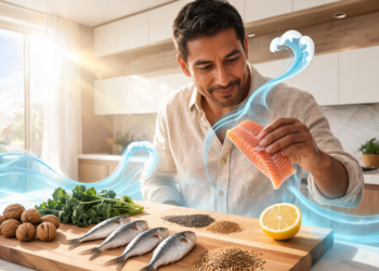 Un hombre sonriente en una cocina moderna prepara una selección de alimentos ricos en ácidos grasos saludables, sosteniendo un filete de salmón fresco sobre una tabla de madera.