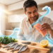 Un hombre sonriente en una cocina moderna prepara una selección de alimentos ricos en ácidos grasos saludables, sosteniendo un filete de salmón fresco sobre una tabla de madera.