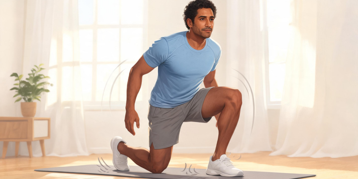 Un hombre en ropa deportiva se levanta de una colchoneta de yoga en el suelo sin usar las manos, ejecutando una prueba de movilidad y equilibrio corporal.