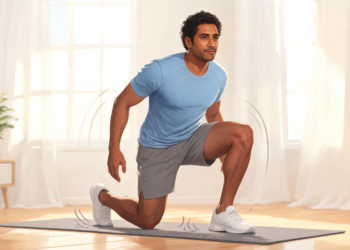 Un hombre en ropa deportiva se levanta de una colchoneta de yoga en el suelo sin usar las manos, ejecutando una prueba de movilidad y equilibrio corporal.