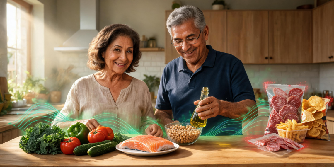 Una pareja madura sonríe en una cocina frente a una mesa que divide alimentos saludables, como salmón, verduras y legumbres, de productos ultraprocesados como patatas fritas y embutidos.