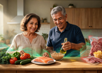 Una pareja madura sonríe en una cocina frente a una mesa que divide alimentos saludables, como salmón, verduras y legumbres, de productos ultraprocesados como patatas fritas y embutidos.