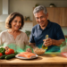 Una pareja madura sonríe en una cocina frente a una mesa que divide alimentos saludables, como salmón, verduras y legumbres, de productos ultraprocesados como patatas fritas y embutidos.