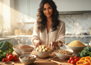 Una mujer sonriente en una cocina iluminada sostiene un cuenco con cubos de tofu, rodeada de una gran variedad de alimentos saludables como lentejas, garbanzos, quinoa, brócoli, tomates y pimientos, con gráficos lineales abstractos de estructuras moleculares flotando a su alrededor.