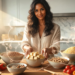 Una mujer sonriente en una cocina iluminada sostiene un cuenco con cubos de tofu, rodeada de una gran variedad de alimentos saludables como lentejas, garbanzos, quinoa, brócoli, tomates y pimientos, con gráficos lineales abstractos de estructuras moleculares flotando a su alrededor.