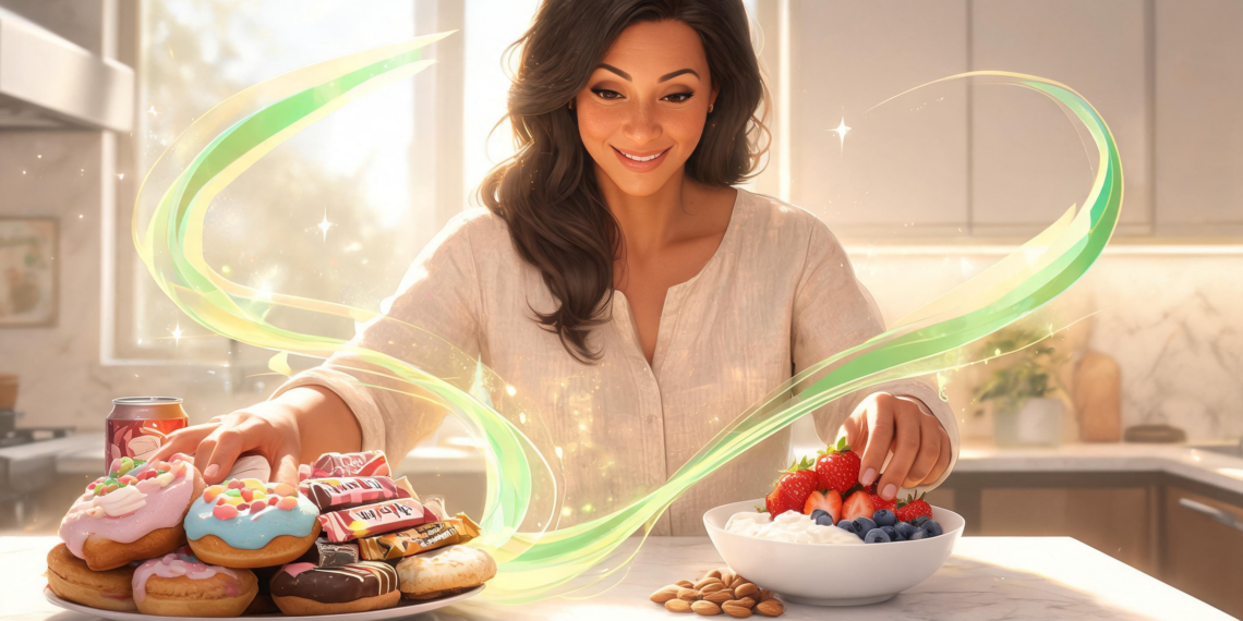 Una mujer sonriente en una cocina frente a un plato con donas y chocolates a un lado y un tazón con yogur, fresas, arándanos y almendras al otro.