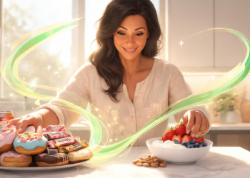 Una mujer sonriente en una cocina frente a un plato con donas y chocolates a un lado y un tazón con yogur, fresas, arándanos y almendras al otro.