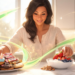 Una mujer sonriente en una cocina frente a un plato con donas y chocolates a un lado y un tazón con yogur, fresas, arándanos y almendras al otro.