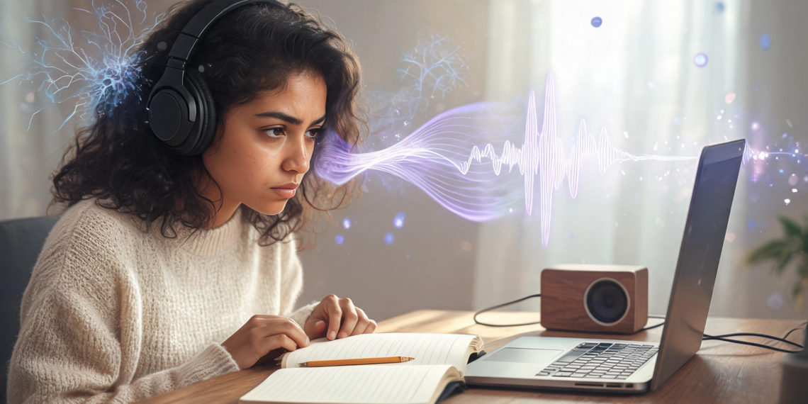 Una mujer joven con auriculares grandes estudia concentrada frente a un ordenador portátil y un cuaderno abierto, mientras una onda de frecuencia de sonido violeta y destellos que simulan actividad cerebral representan la estimulación mental de la música.