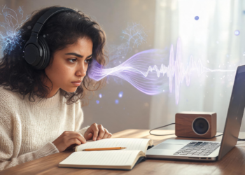 Una mujer joven con auriculares grandes estudia concentrada frente a un ordenador portátil y un cuaderno abierto, mientras una onda de frecuencia de sonido violeta y destellos que simulan actividad cerebral representan la estimulación mental de la música.